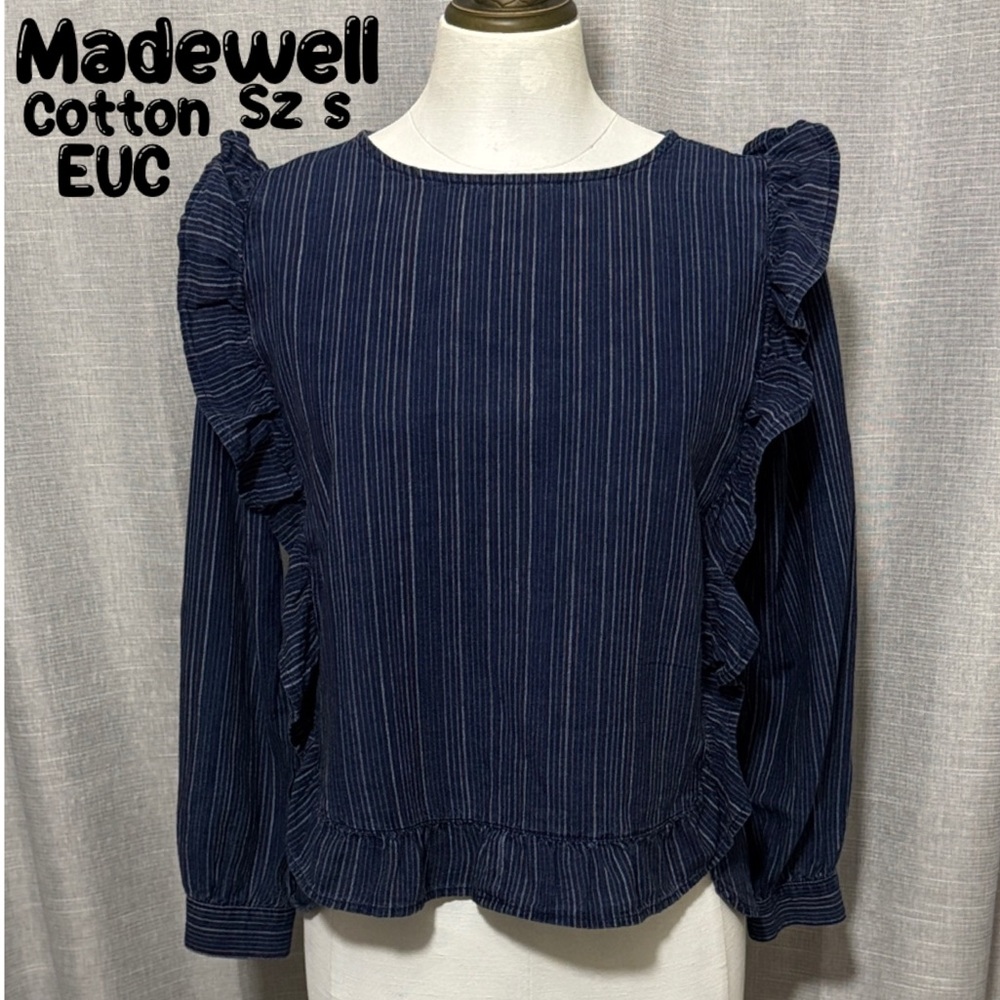 EUC Madewell Cotton Cecile Stripe Blouse-Navy Blue-Sz S-Ruffle Detail